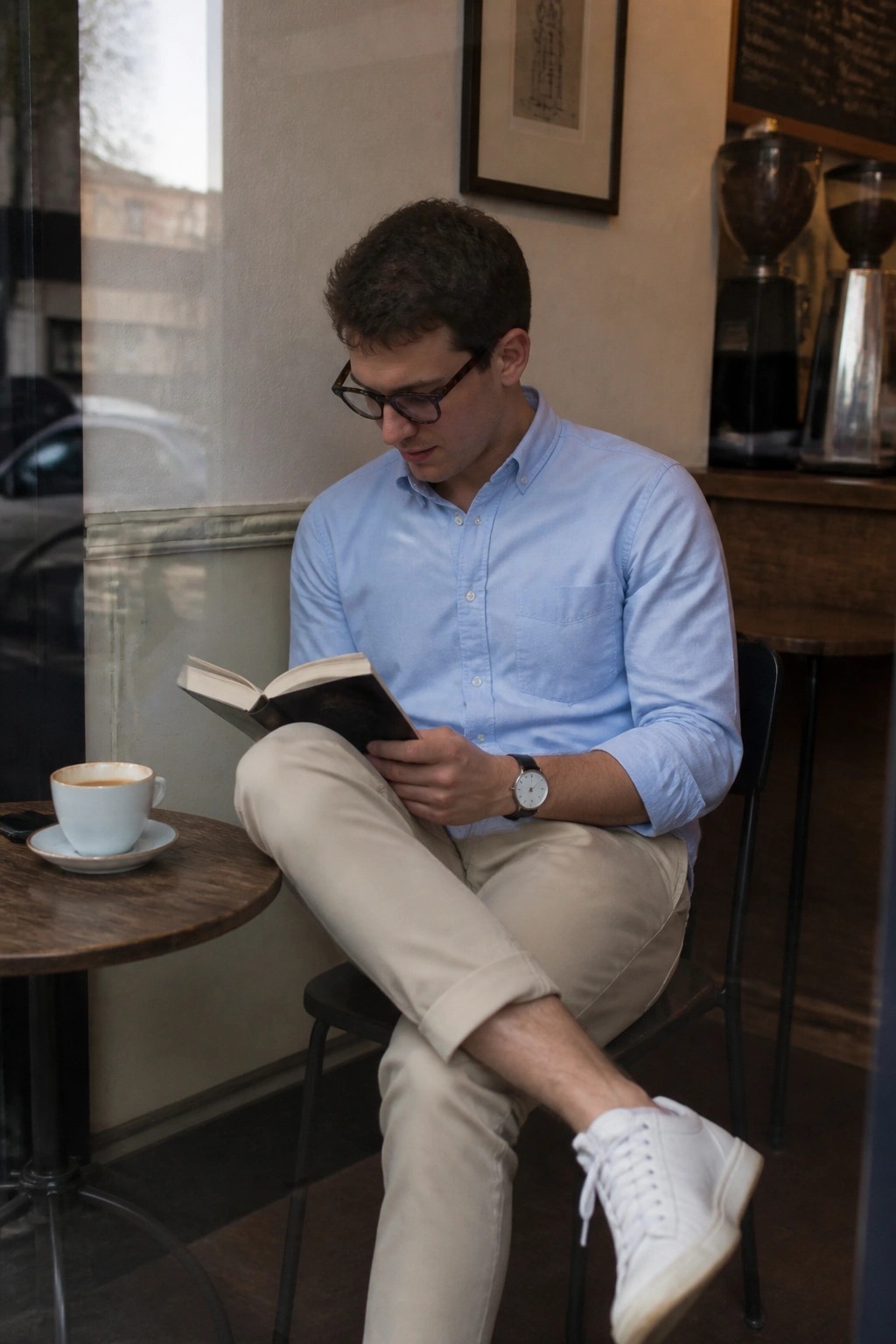 Man in blue shirt reading book at cafe table beside coffee cup