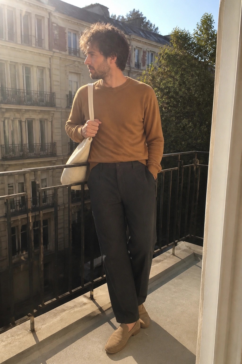 Man wearing a brown crewneck sweater tucked into dark straight-leg trousers with beige suede loafers and a cream tote bag over one shoulder.