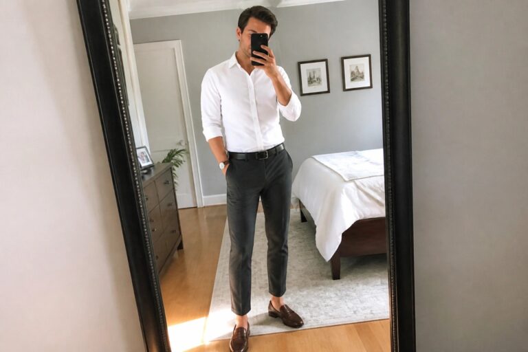 Man in white shirt and dark pants taking bedroom mirror selfie with phone.