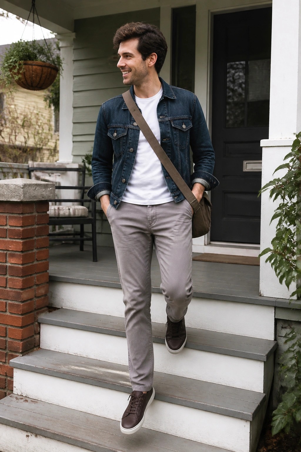 Man in denim jacket and gray pants smiling on wooden porch steps with bag