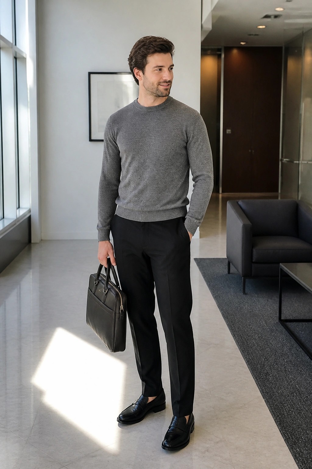 Man in gray sweater holding black briefcase in sunlit modern lobby
