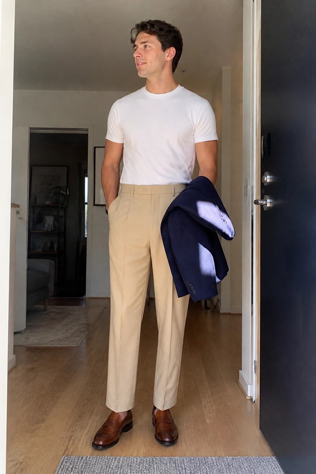 Man in white t-shirt and beige pants holding navy blazer in home entryway