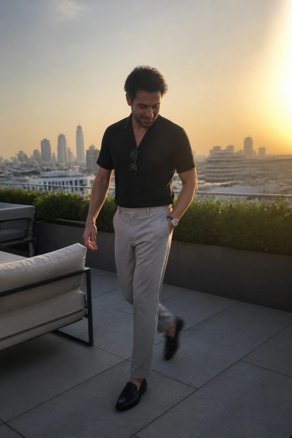 Man in black polo shirt and beige pants on city rooftop at sunset