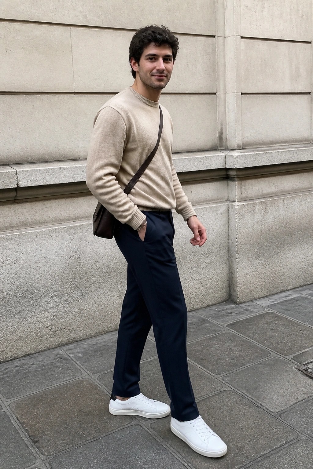 Man in beige sweater and navy pants with brown bag by stone wall