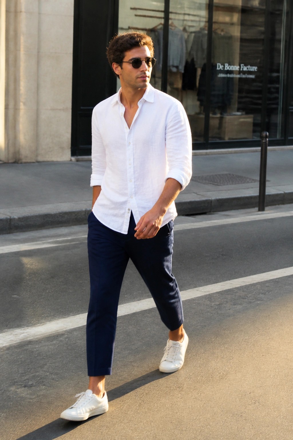 Man wearing a white long sleeve button down shirt with navy cropped pants and white sneakers on a city street.
