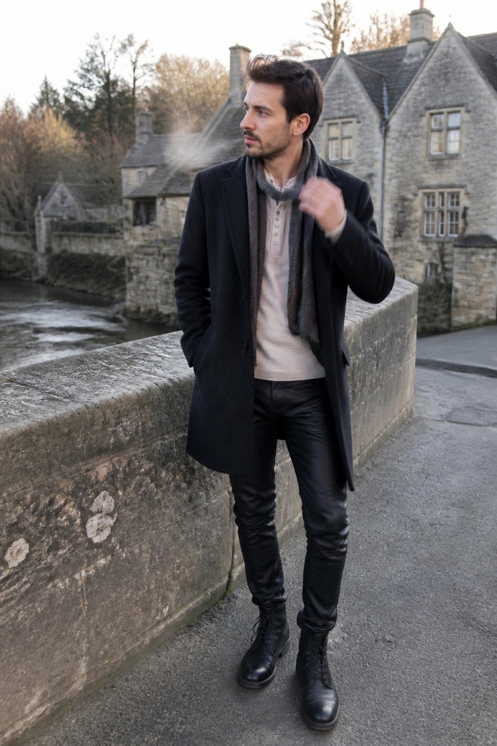 Man wearing black leather pants, long black wool coat, beige sweater, gray scarf, and black lace up boots standing on a stone bridge.