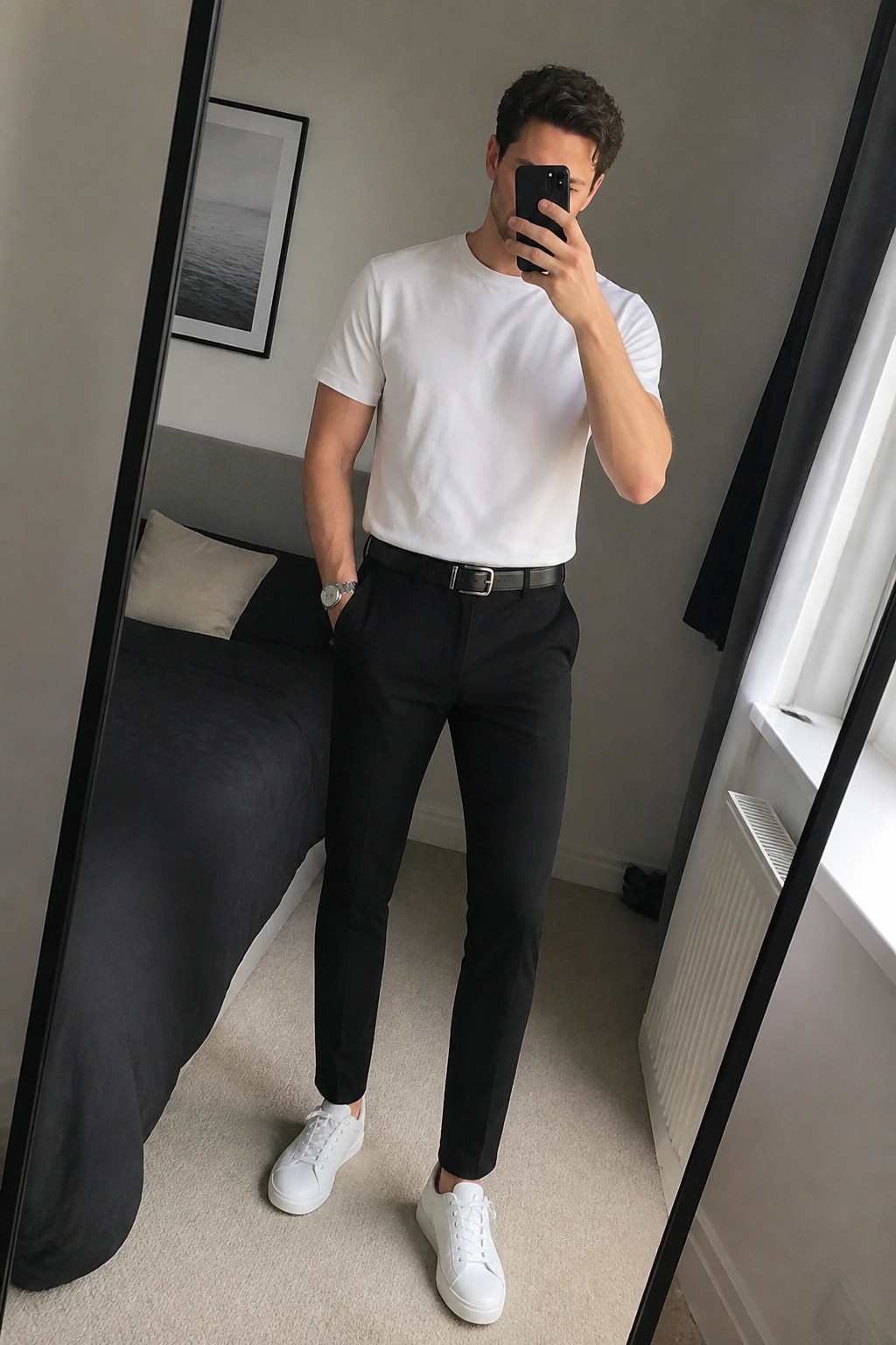 Man in white t-shirt and black pants taking mirror selfie in bedroom