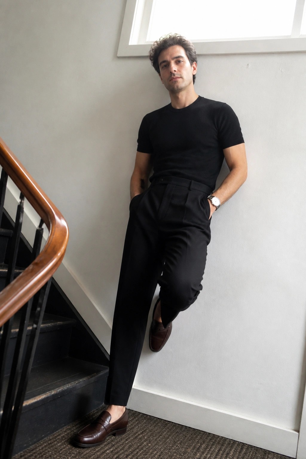 Man in black t-shirt and trousers leaning against wall by staircase.