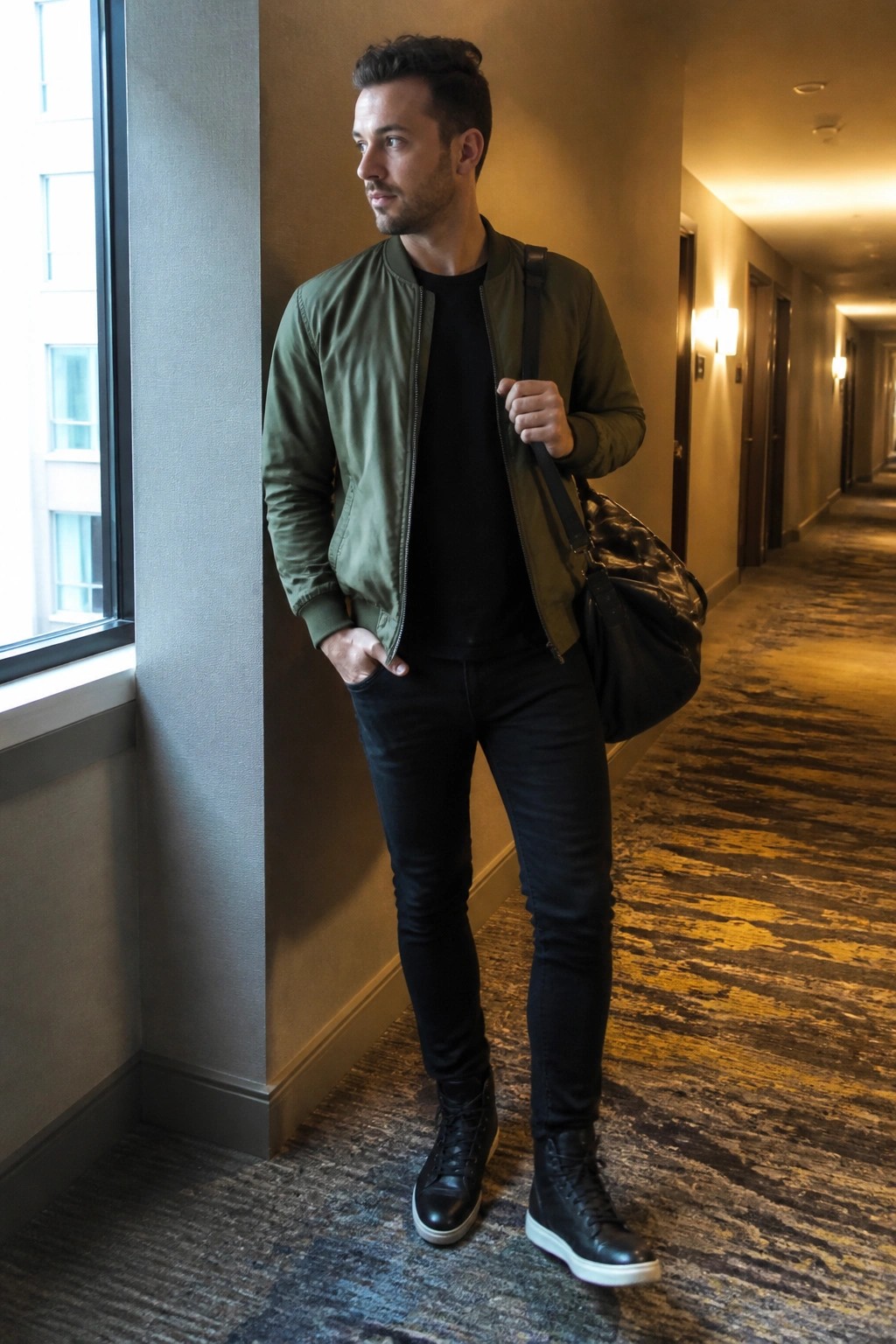 Man in green bomber jacket and black jeans holding bag in hotel hallway.