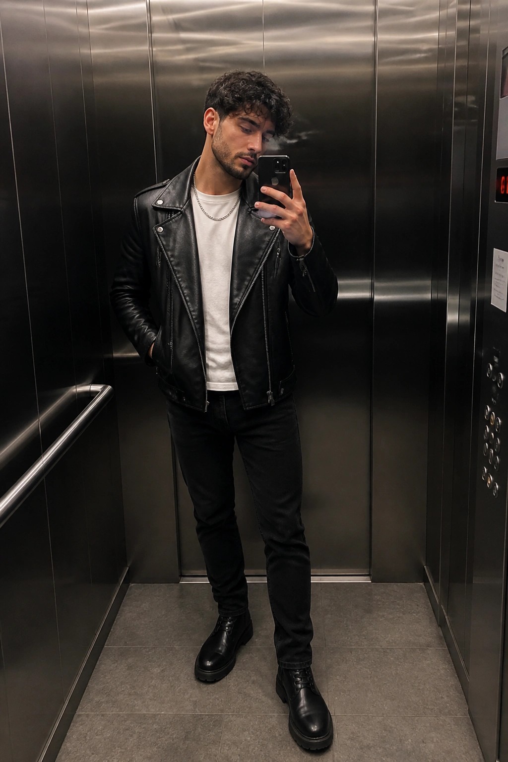 Man in black leather jacket taking mirror selfie in elevator with phone