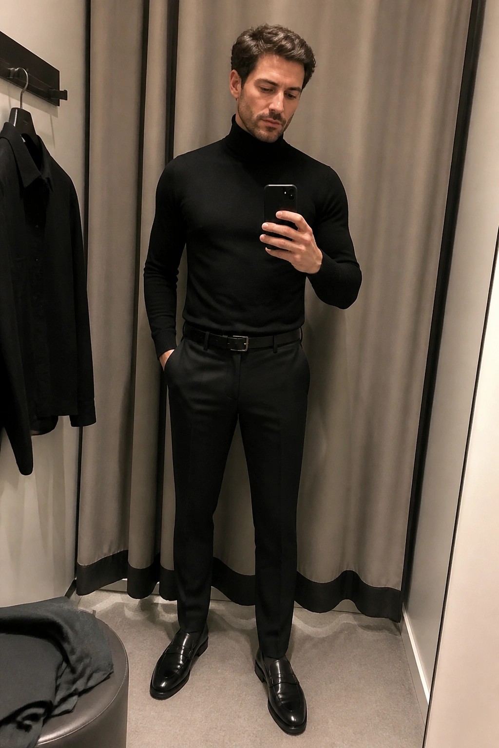 Man in black turtleneck and trousers taking mirror selfie in fitting room