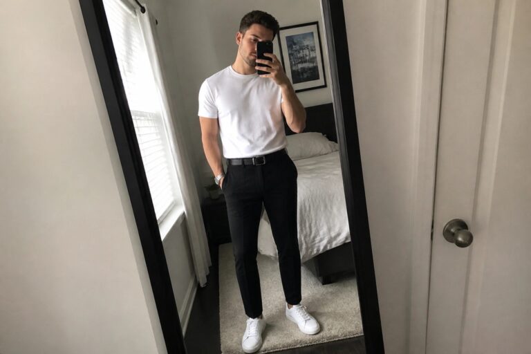 Man in white t-shirt and black pants taking mirror selfie in bedroom