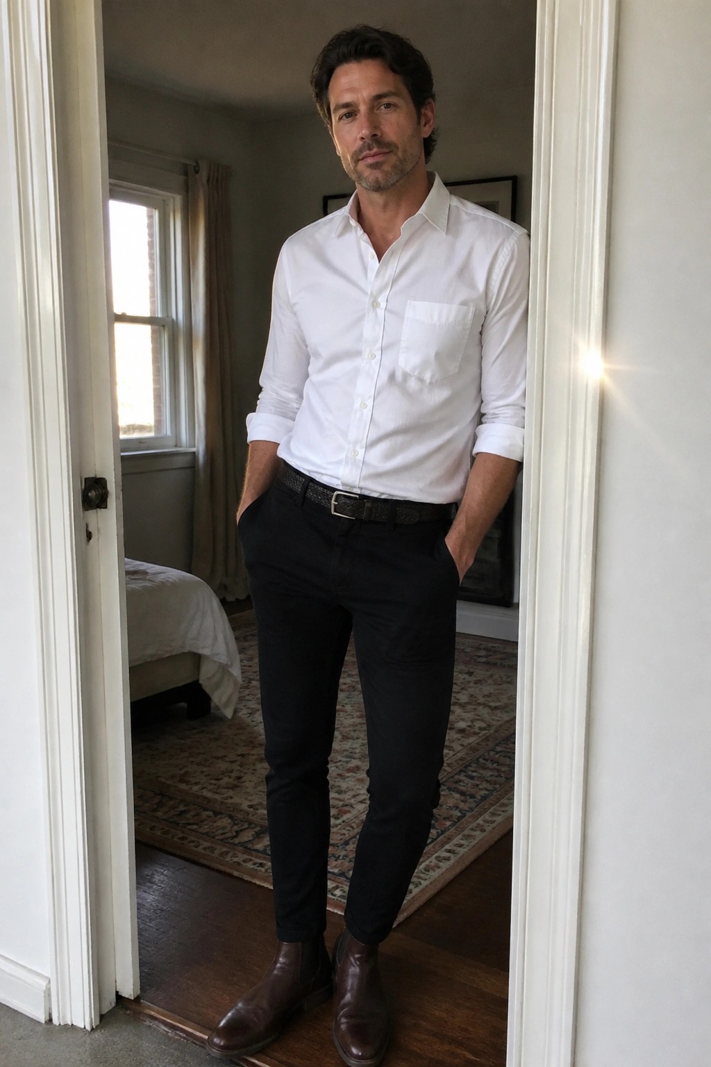 Man in white shirt and black pants with brown boots stands in doorway.