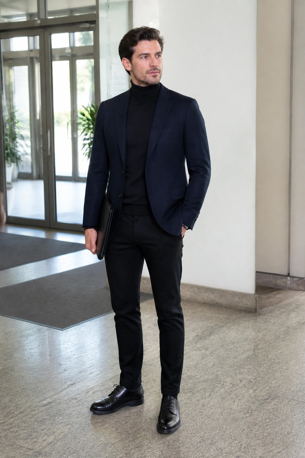 Man in navy blazer over black turtleneck holding folder in modern lobby