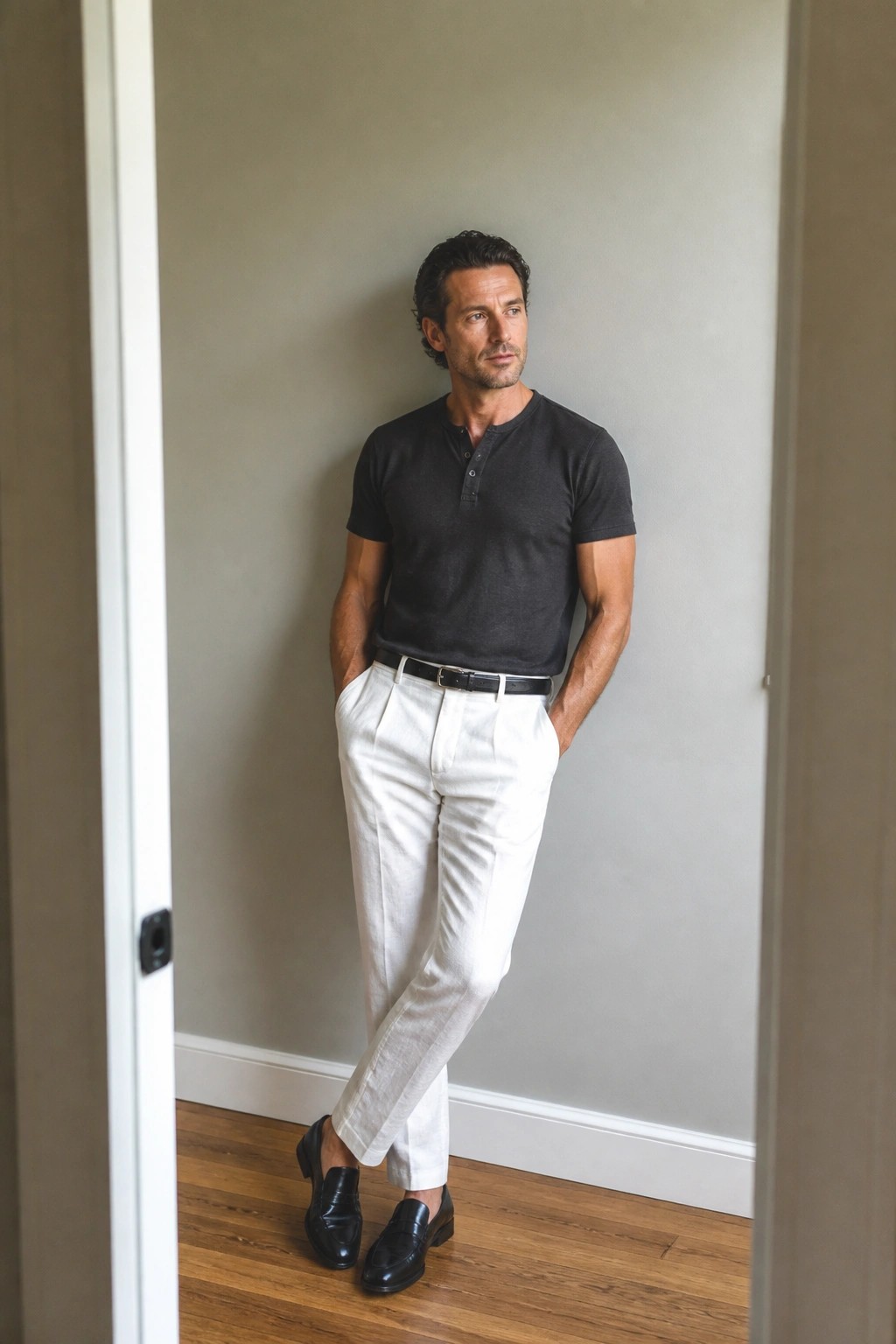 Man in black henley shirt and white pleated pants leaning indoors