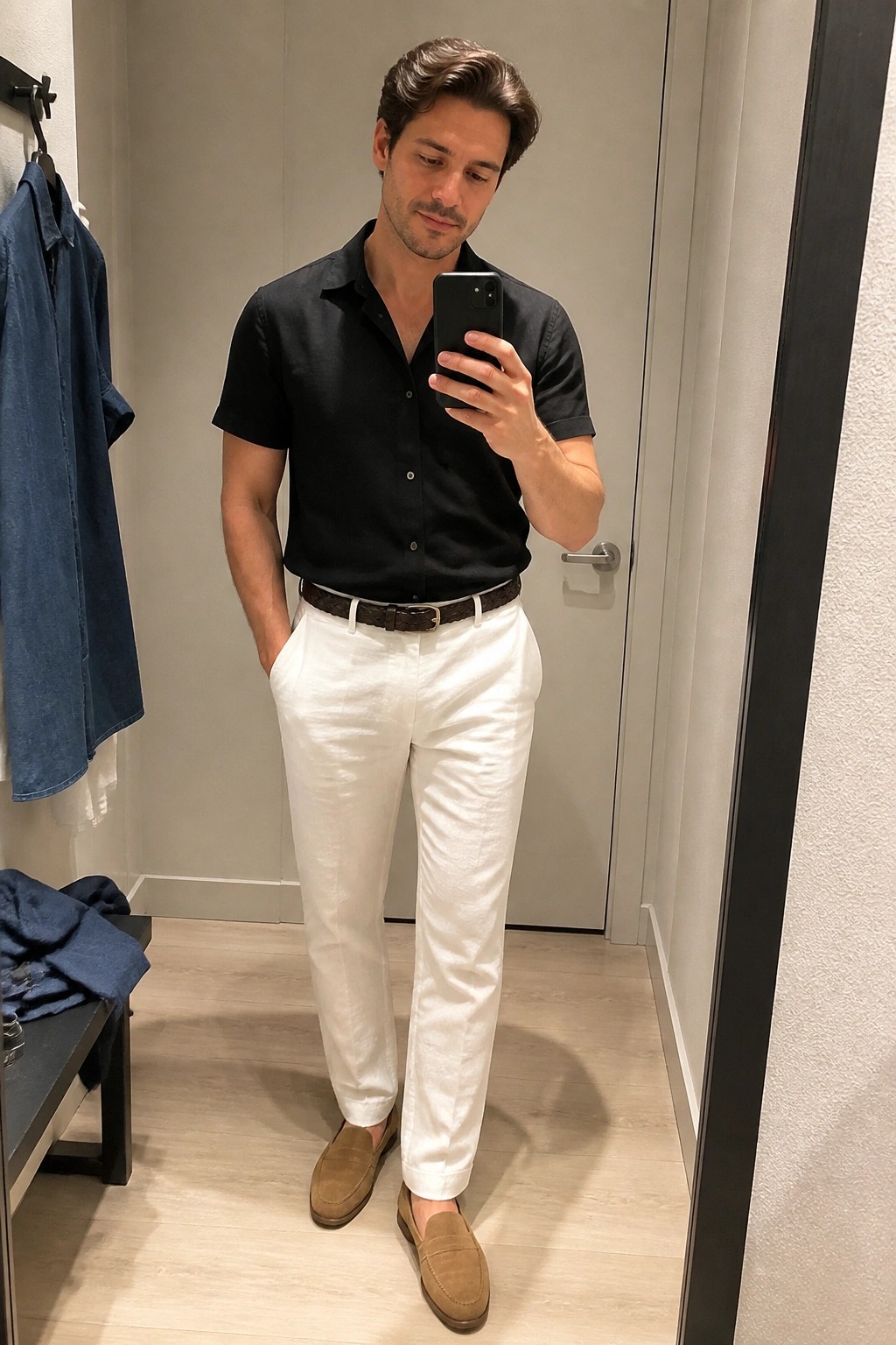 Man in black shirt and white pants takes mirror selfie in fitting room.