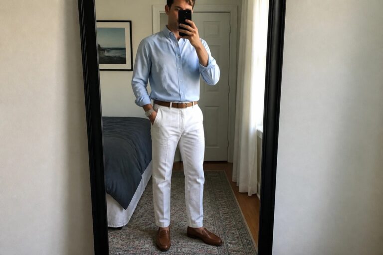 Man in light blue shirt and white pants taking mirror selfie in bedroom