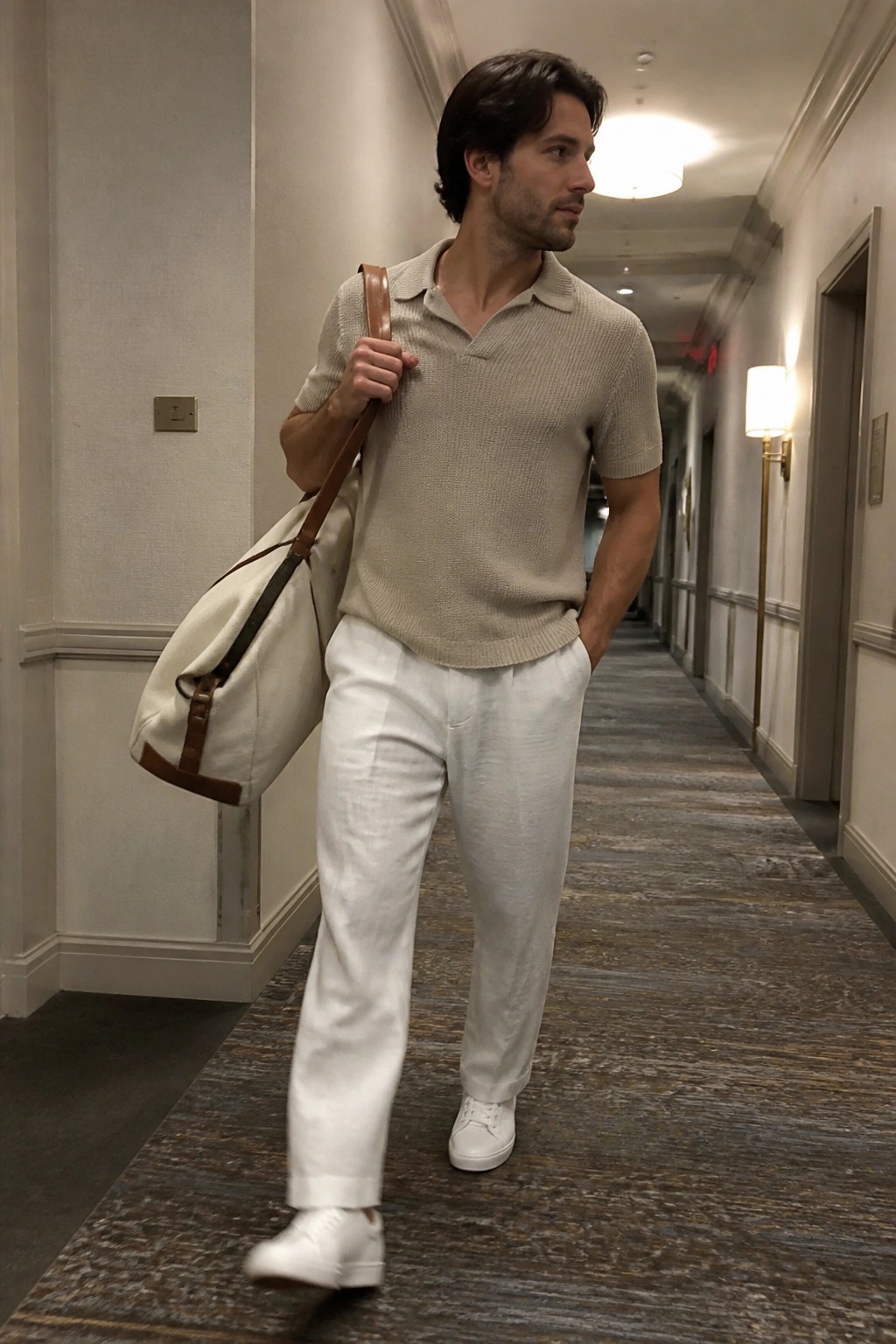 Man in beige knit polo and white pants carrying duffel bag in hallway