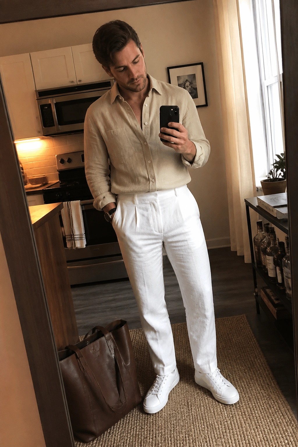 Man in beige shirt and white pants taking mirror selfie in kitchen