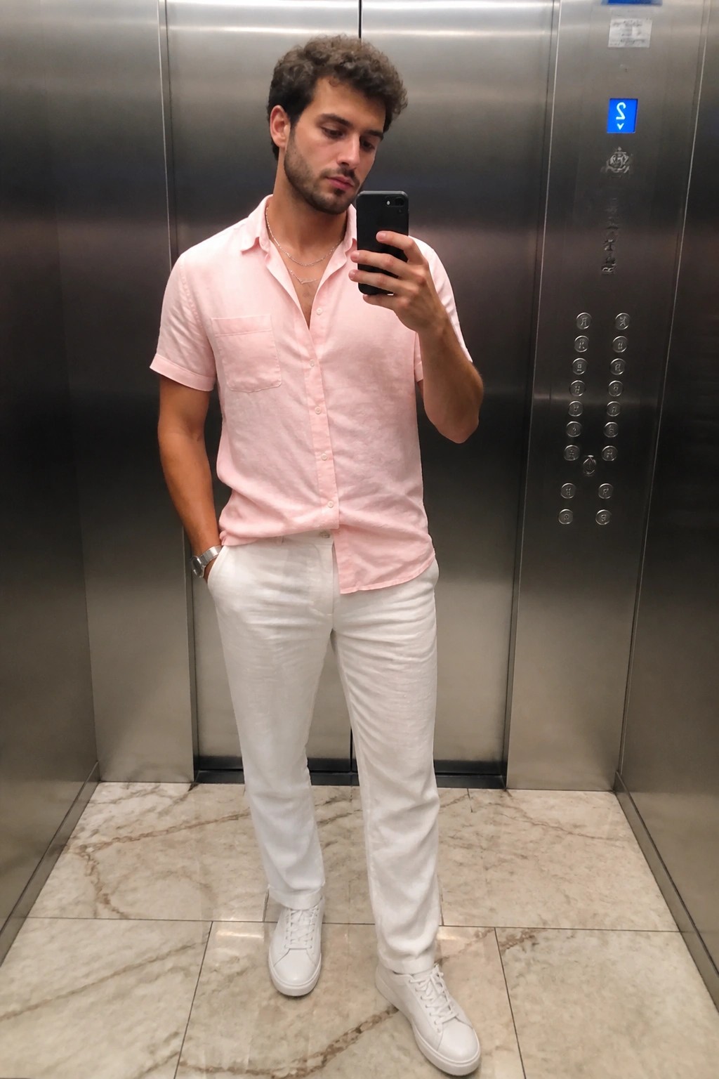 Man in pink shirt and white pants taking selfie in elevator