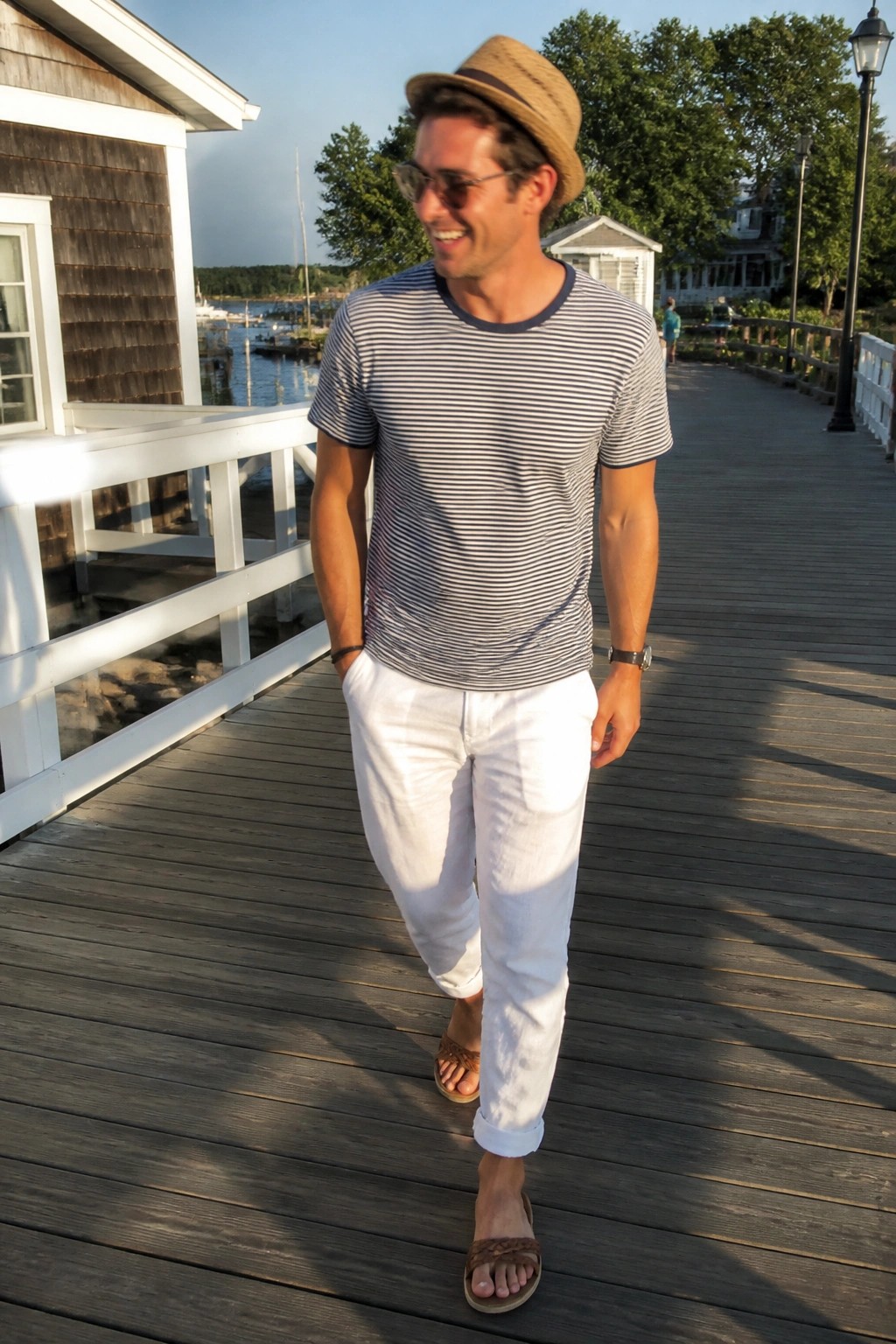Man wearing a navy and white striped short sleeve t shirt with white linen pants cuffed at the ankle brown woven sandals a straw fedora and sunglasses standing on a wooden boardwalk.