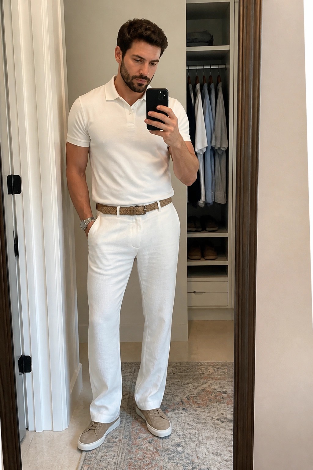 Man in white polo shirt and pants taking mirror selfie before open closet
