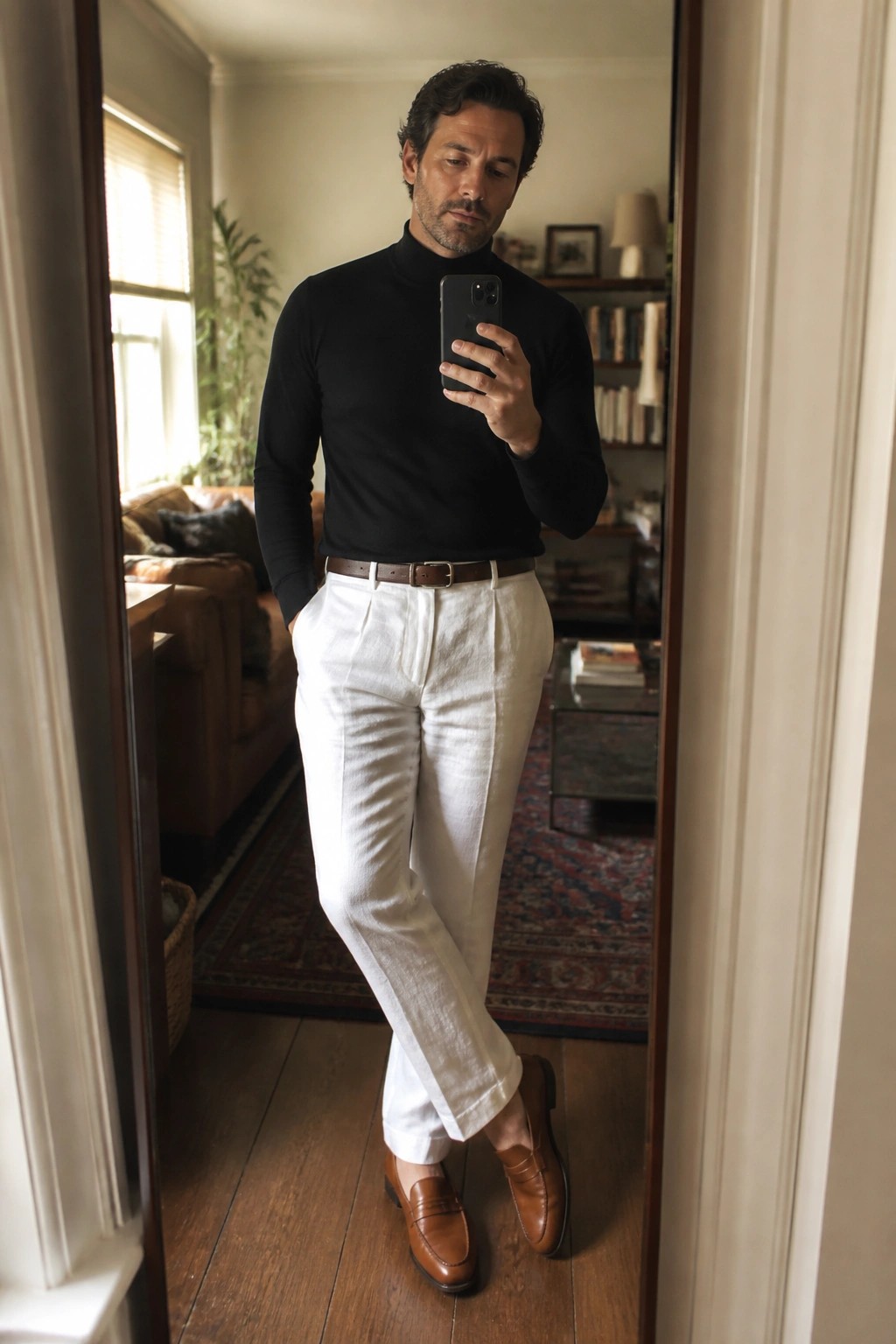 Man in black turtleneck and white pants taking mirror selfie with phone