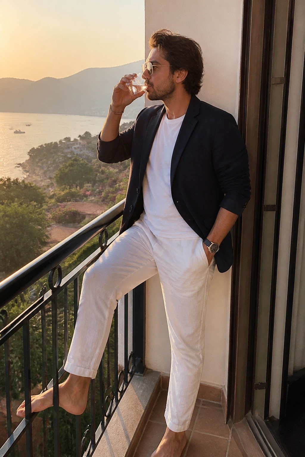 Man in navy blazer and white outfit drinks from glass on scenic sunset balcony