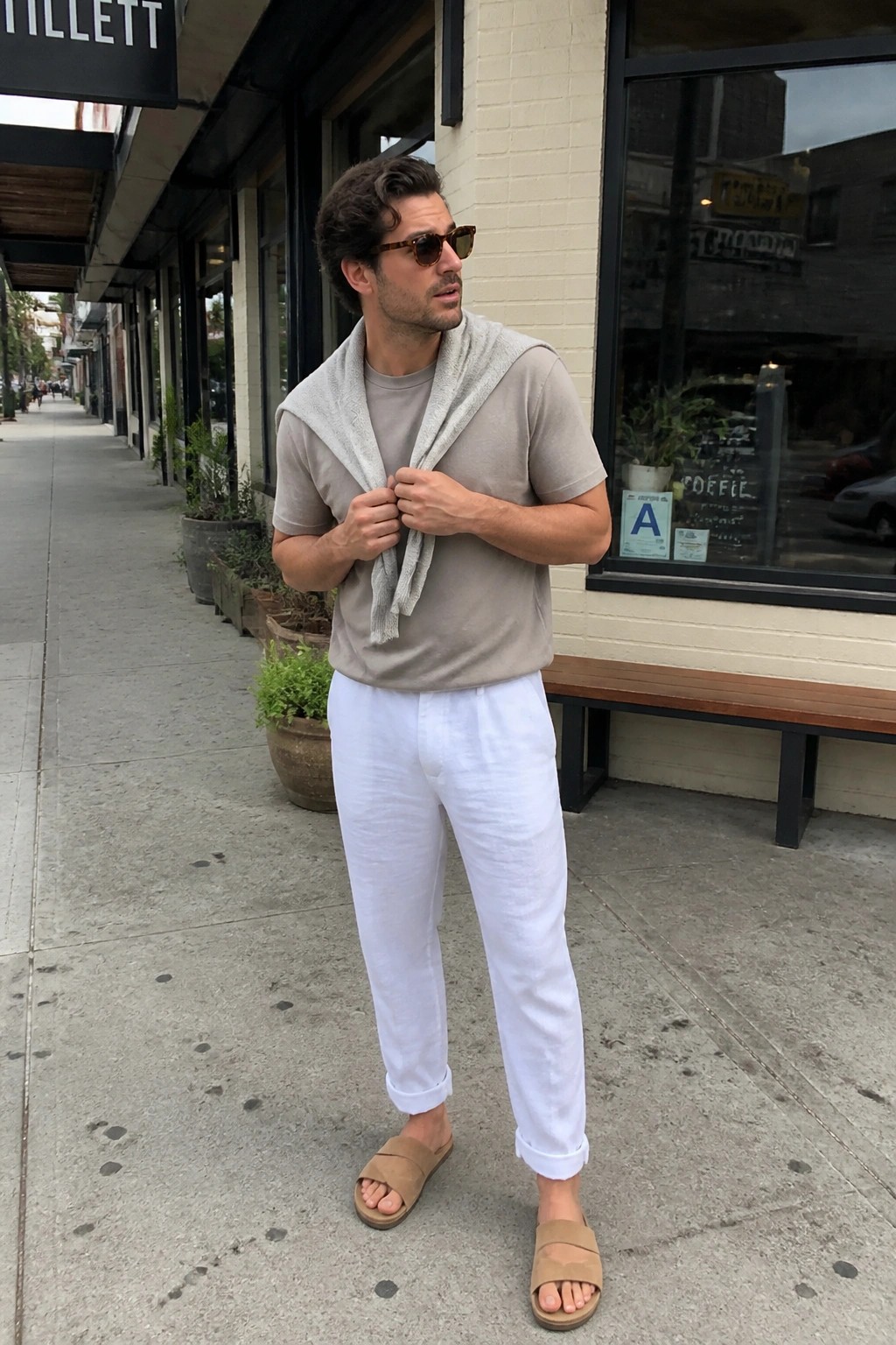 Man in beige t-shirt and white pants holding gray towel on urban sidewalk