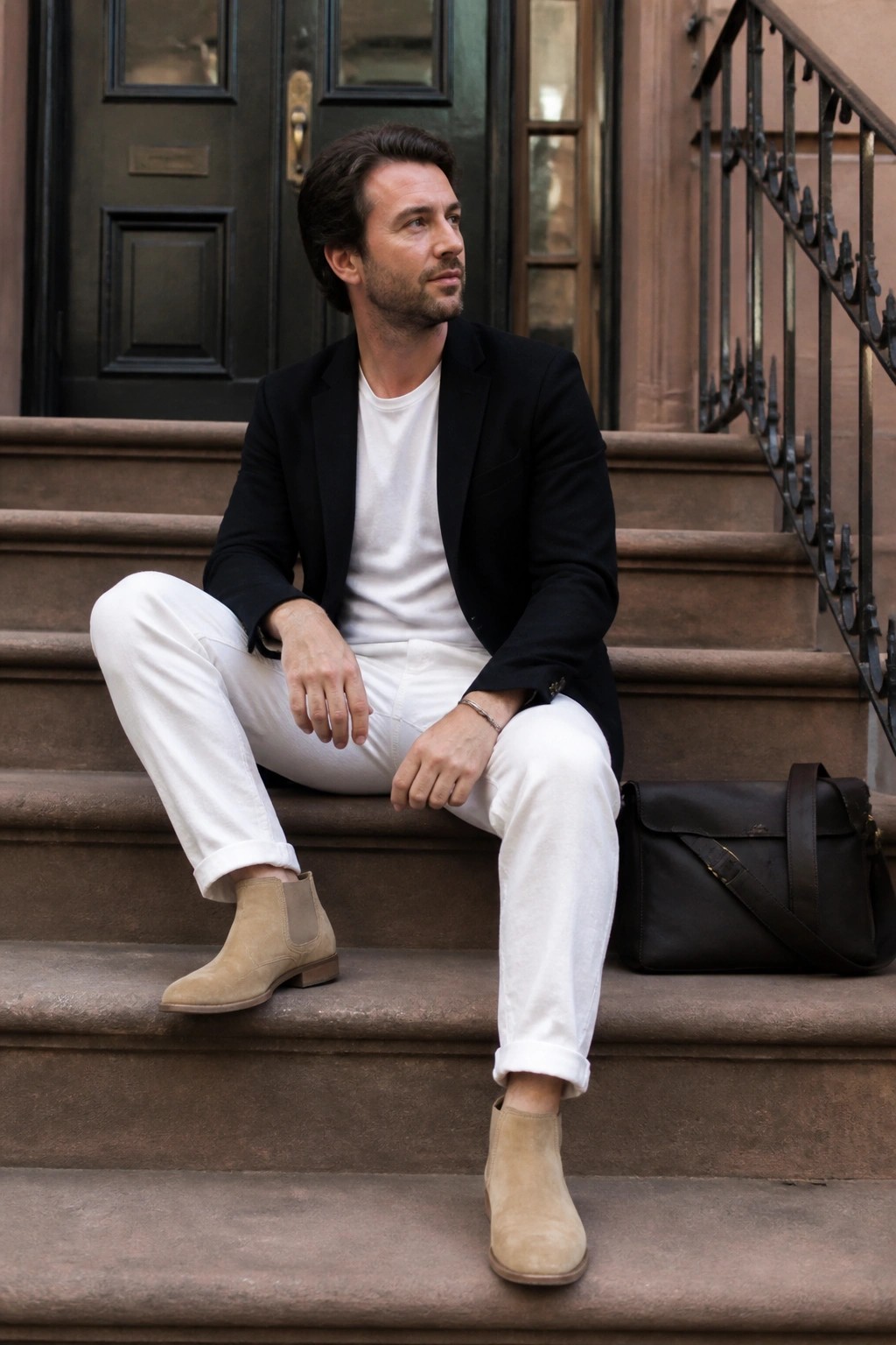 Man seated on stone steps wearing white pants with rolled cuffs, white t-shirt, black blazer, beige suede Chelsea boots, and a black leather bag beside him.