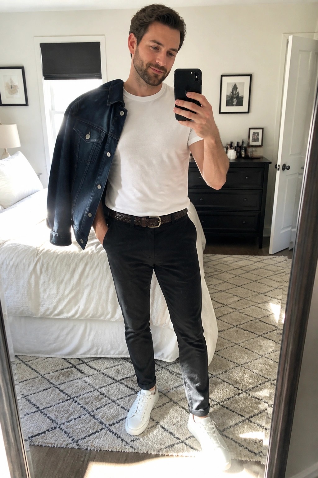 Man in white t-shirt and denim jacket taking bedroom mirror selfie