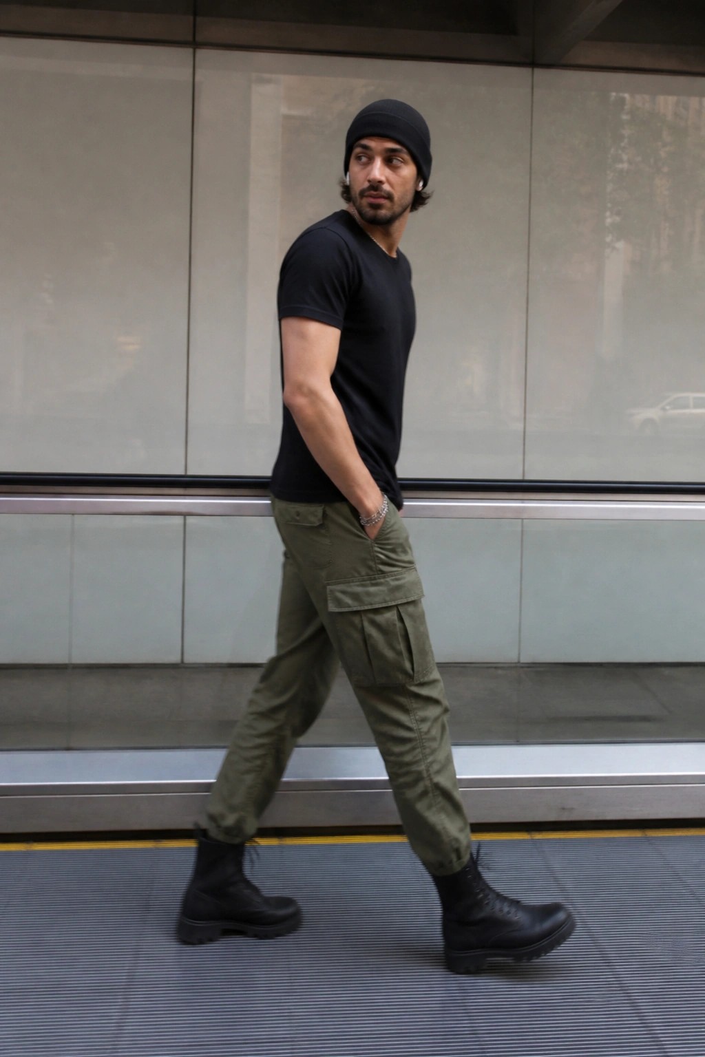 Man in black beanie, t-shirt, olive cargo pants, and boots walking outdoors