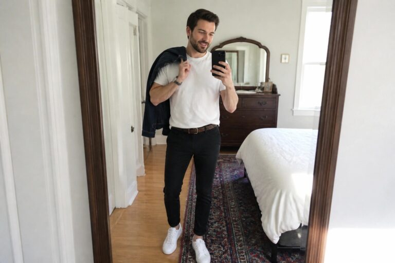 Man in white t-shirt and denim jacket taking bedroom mirror selfie