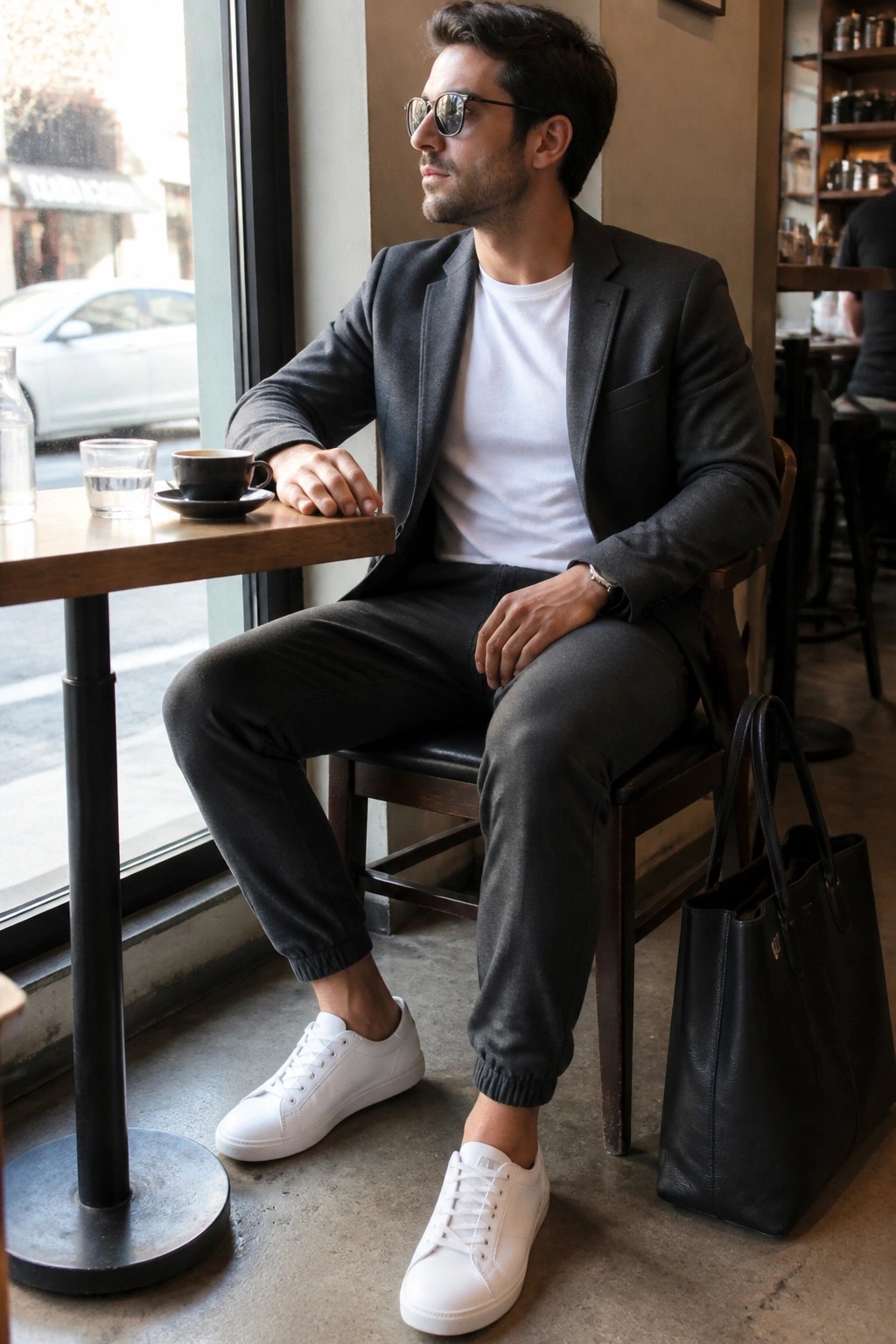 Man in gray blazer and white sneakers seated at cafe window with coffee and tote bag