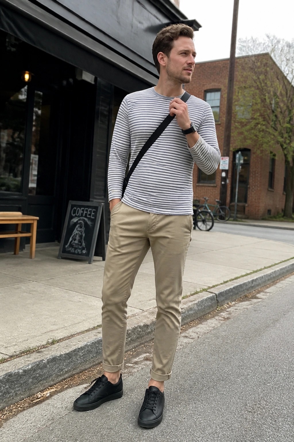 Man wearing slim khaki pants cuffed at the ankle with a gray and white striped long sleeve shirt black sneakers and a black crossbody strap standing on a sidewalk.