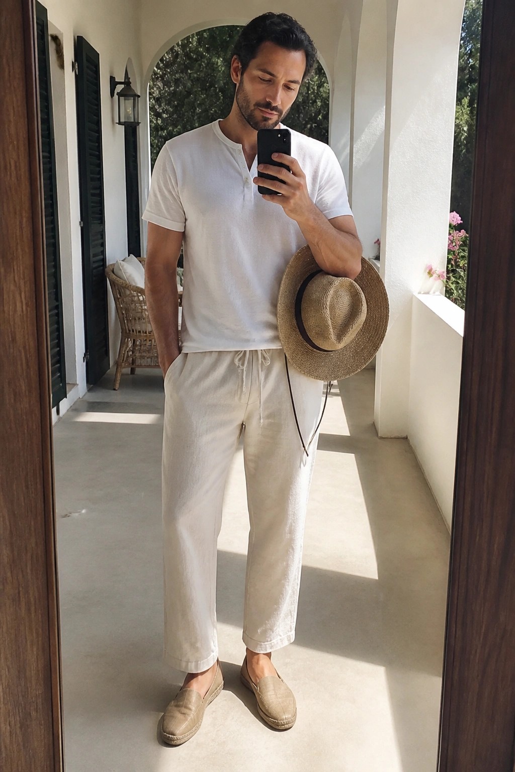 Man in white shirt and beige pants holding phone and straw hat on porch