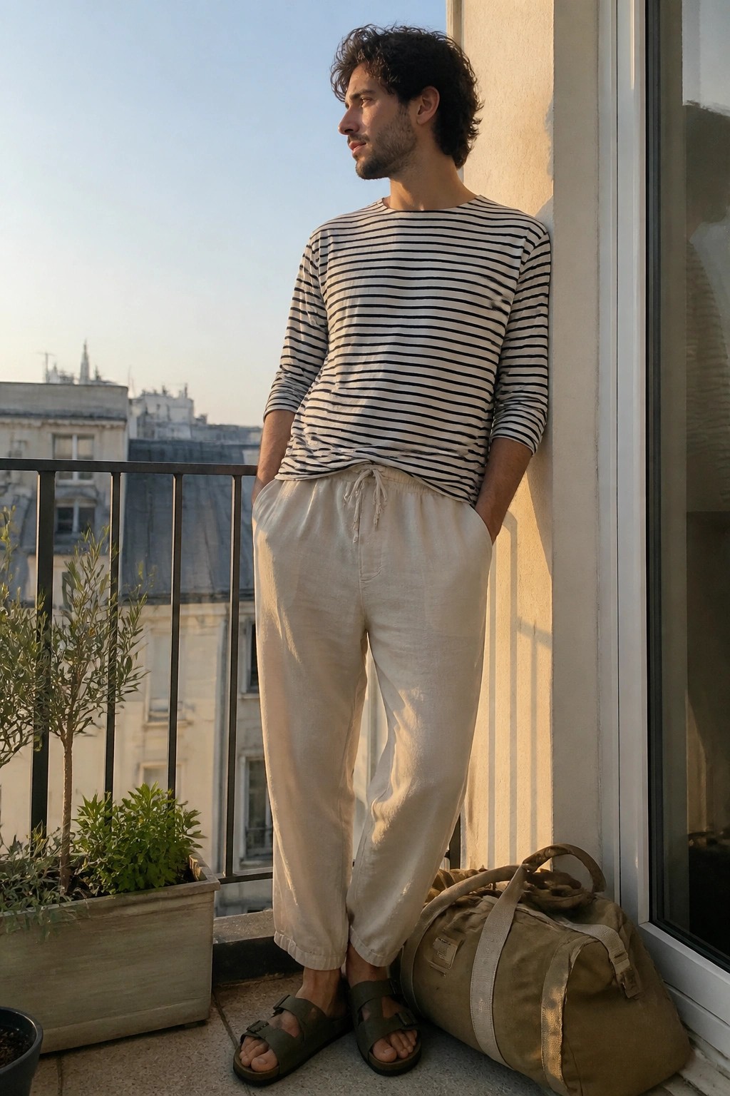 Man wearing off-white linen drawstring pants, black and white striped long sleeve shirt, and olive green two-strap sandals standing on a balcony next to a canvas duffel bag.