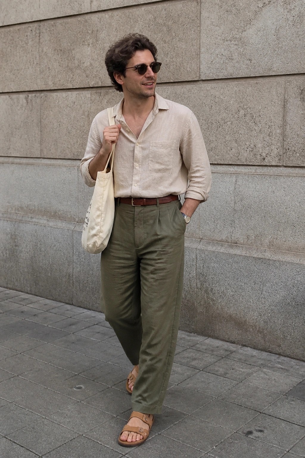 Man in beige linen shirt and olive pants holding tote bag on sidewalk
