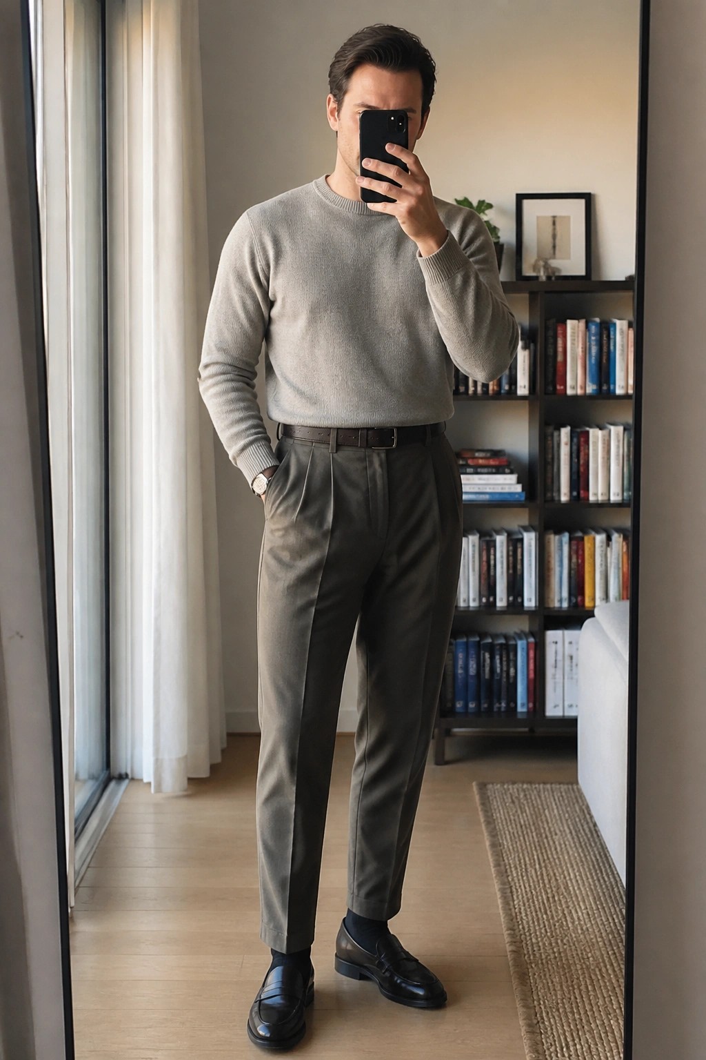 Man in light gray sweater and dark pleated trousers taking mirror selfie