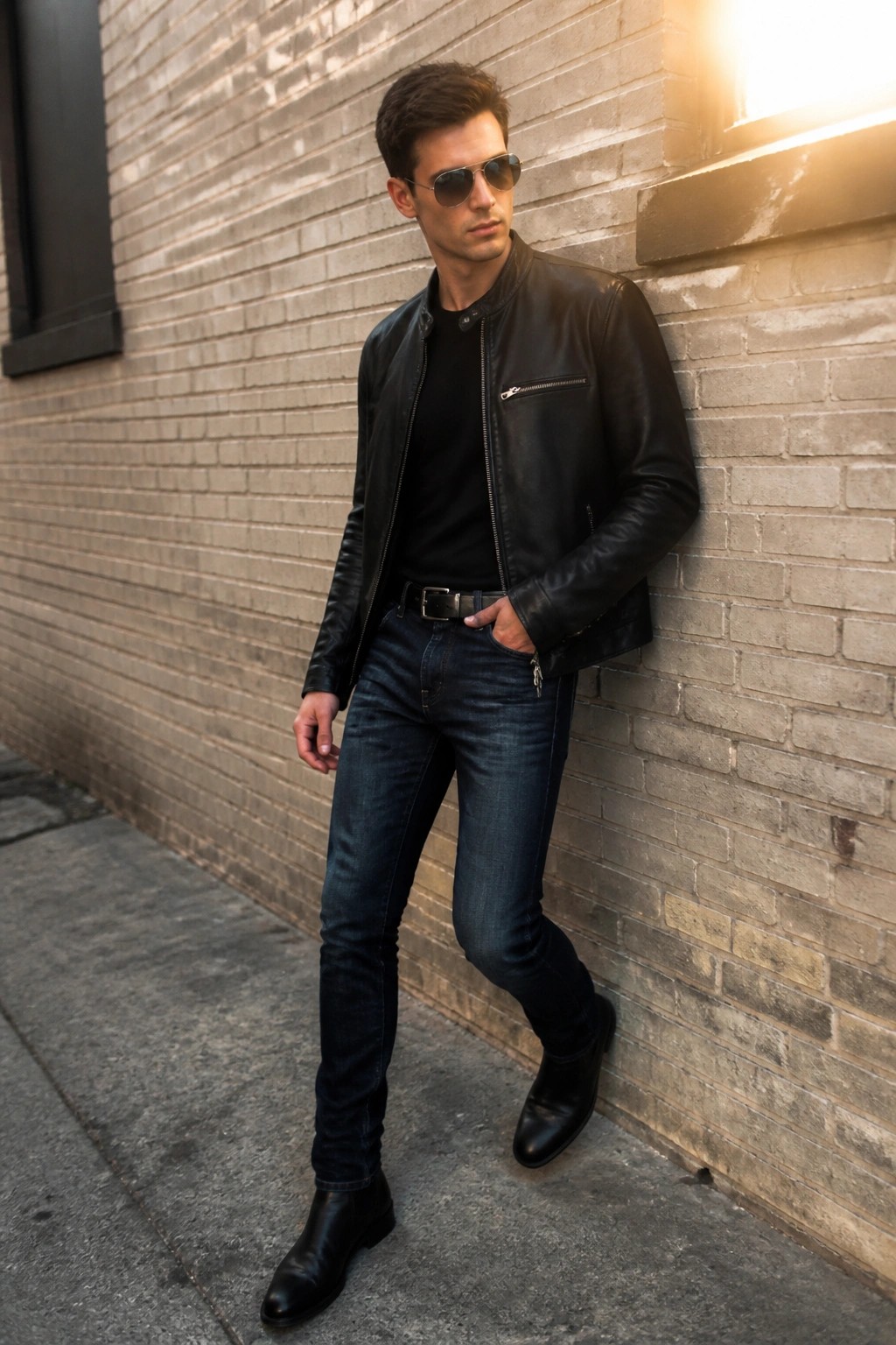 Man in black leather jacket, jeans, and boots leaning on brick wall with sunglasses