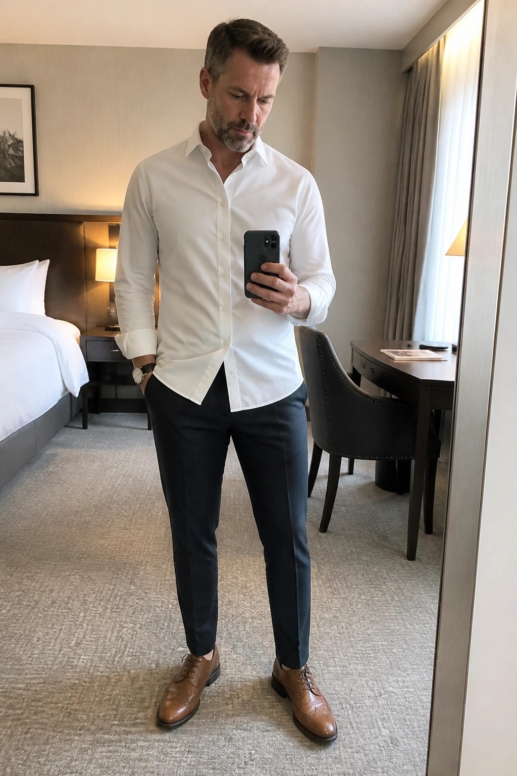 Man in white shirt and navy pants taking mirror selfie in hotel room.