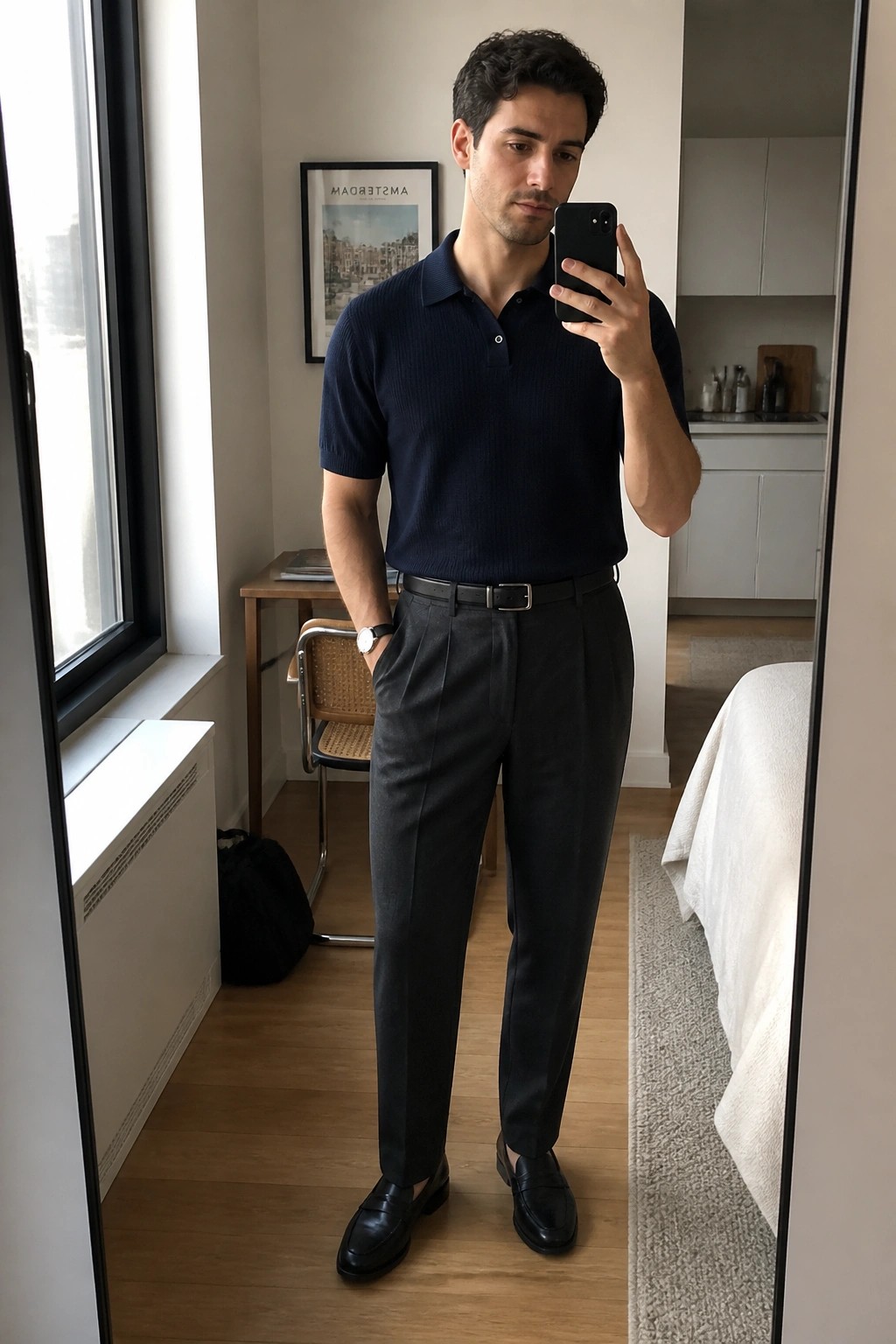 Man in navy polo shirt and grey trousers takes mirror selfie in apartment.