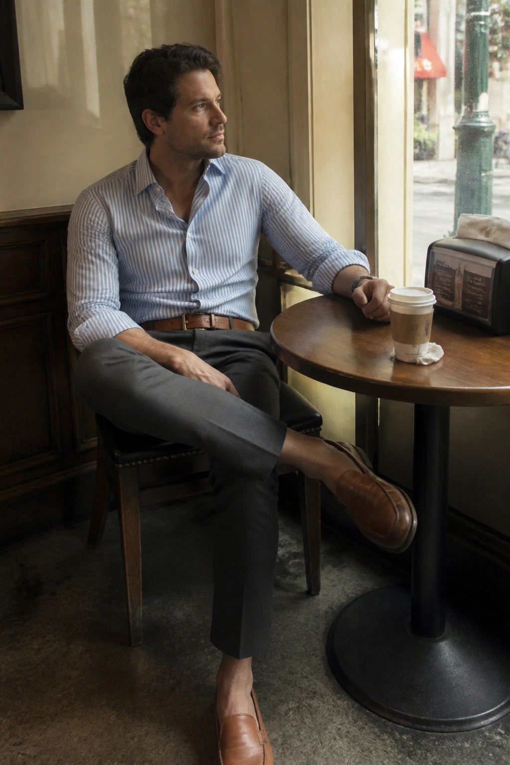 Man in striped shirt and gray pants seated at cafe table by window with coffee