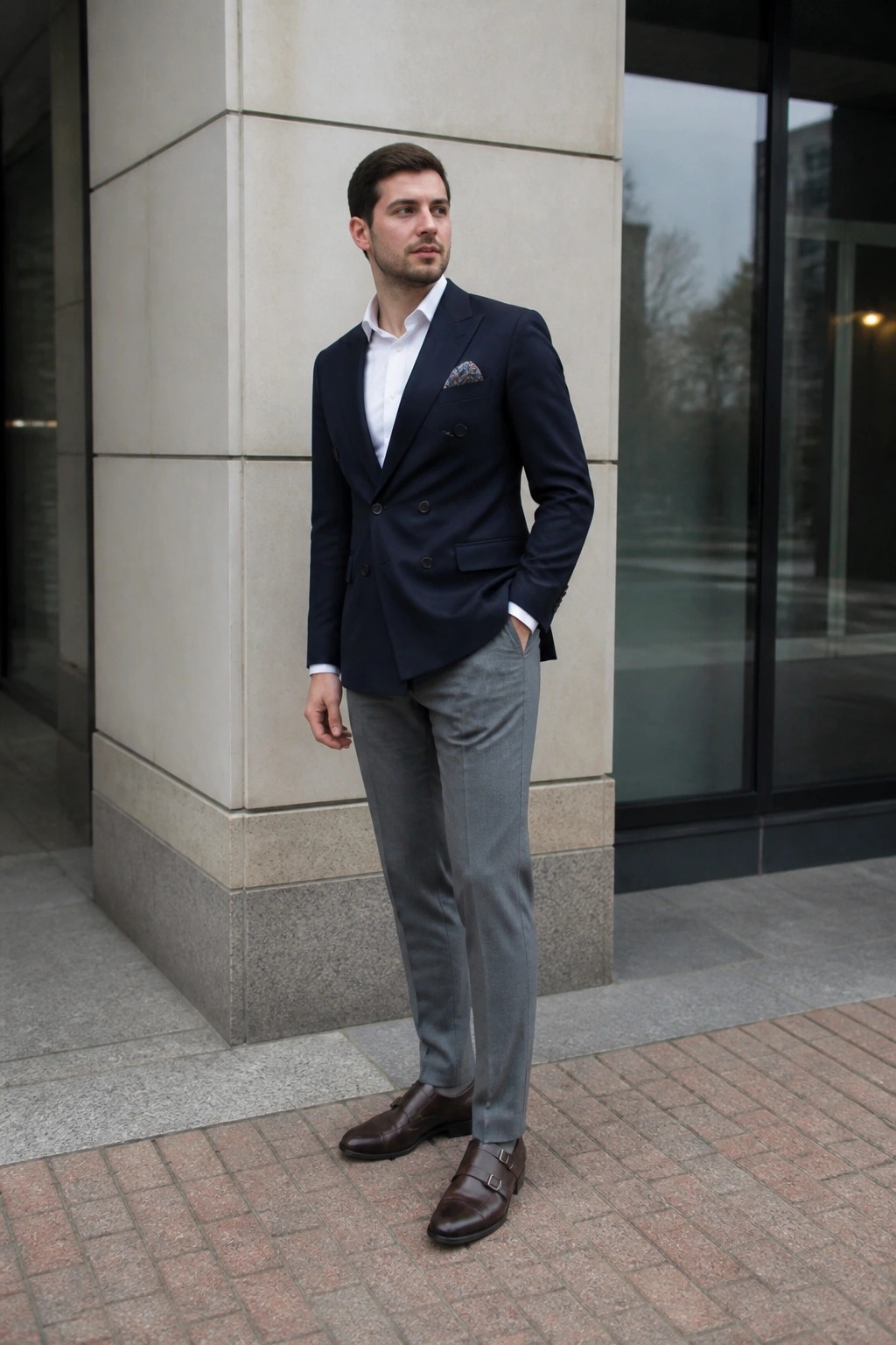 Man in navy double-breasted blazer, gray trousers, and brown monk shoes outdoors