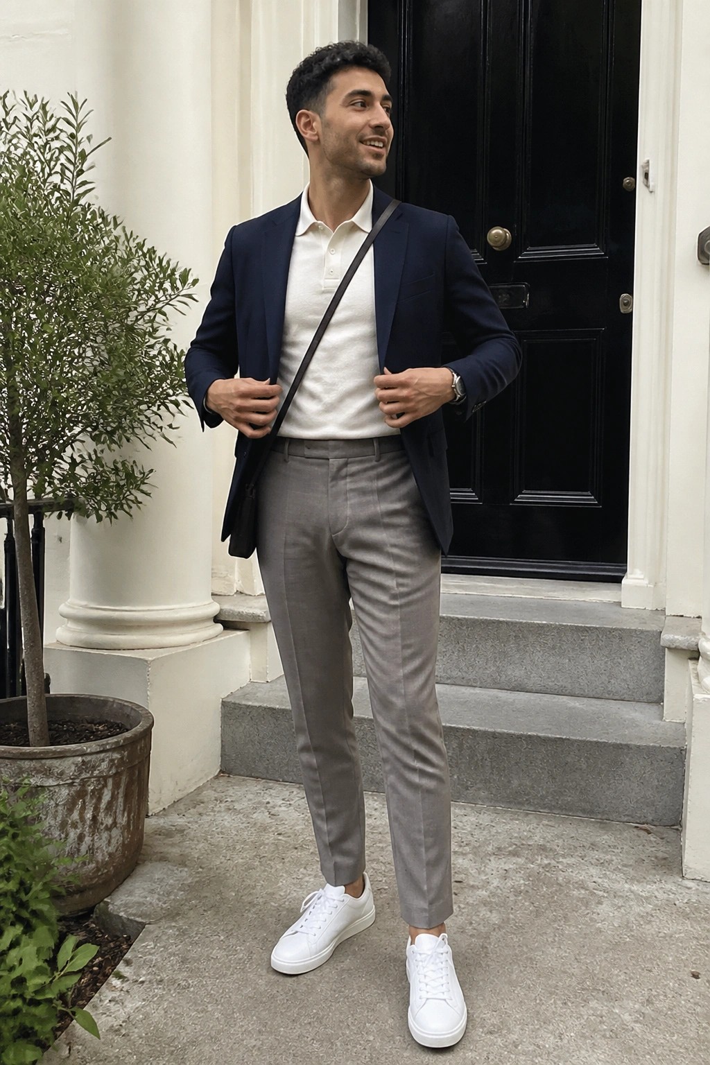Man wearing gray tailored trousers, navy blazer over white polo shirt, white sneakers, and a brown crossbody bag strap standing on stone steps.