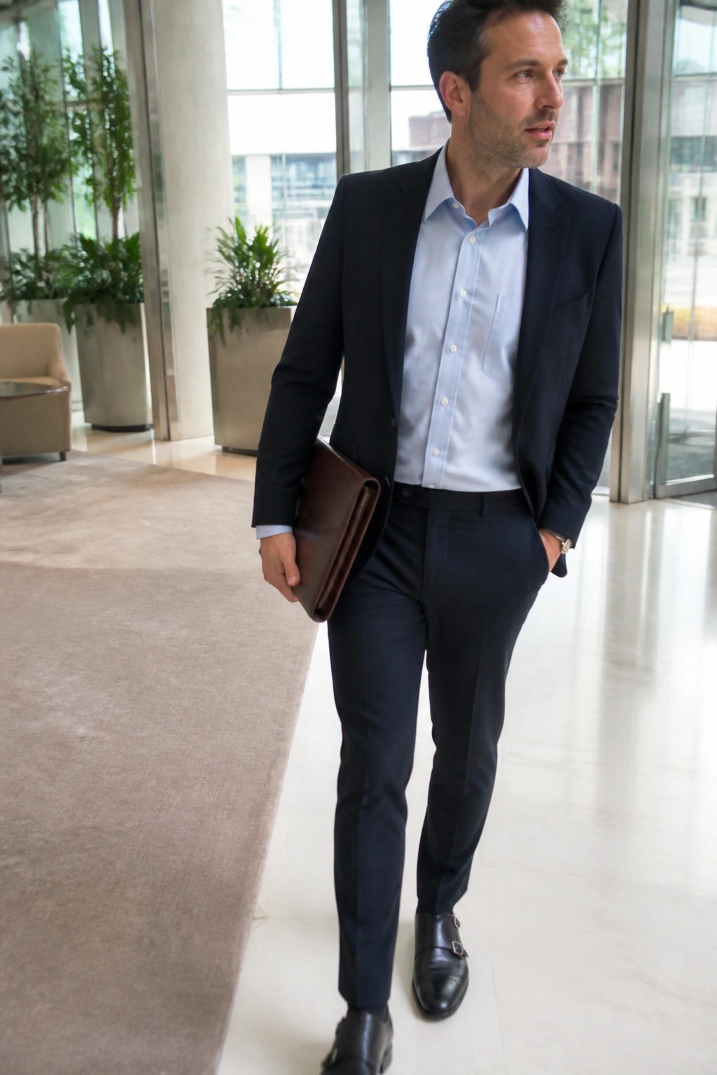 Man in navy suit holding brown leather portfolio in modern lobby
