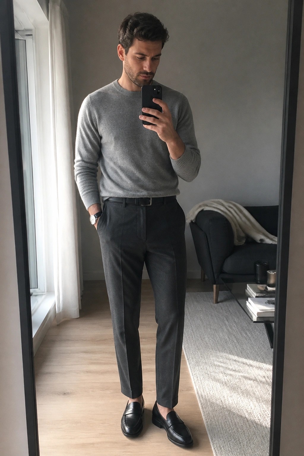 Man in gray sweater and dark trousers taking mirror selfie in modern room