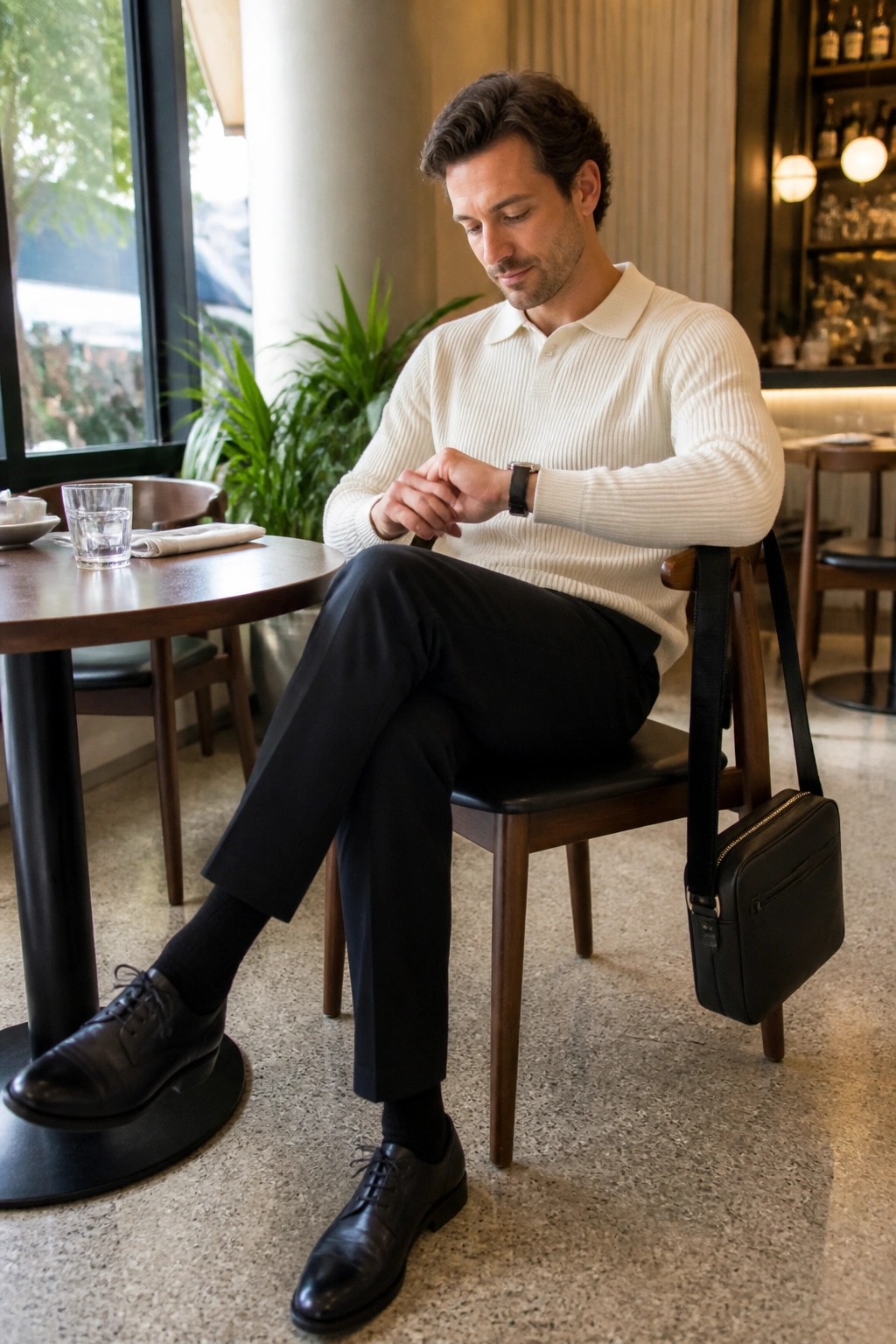 Man in white sweater checks watch beside black bag in modern cafe.
