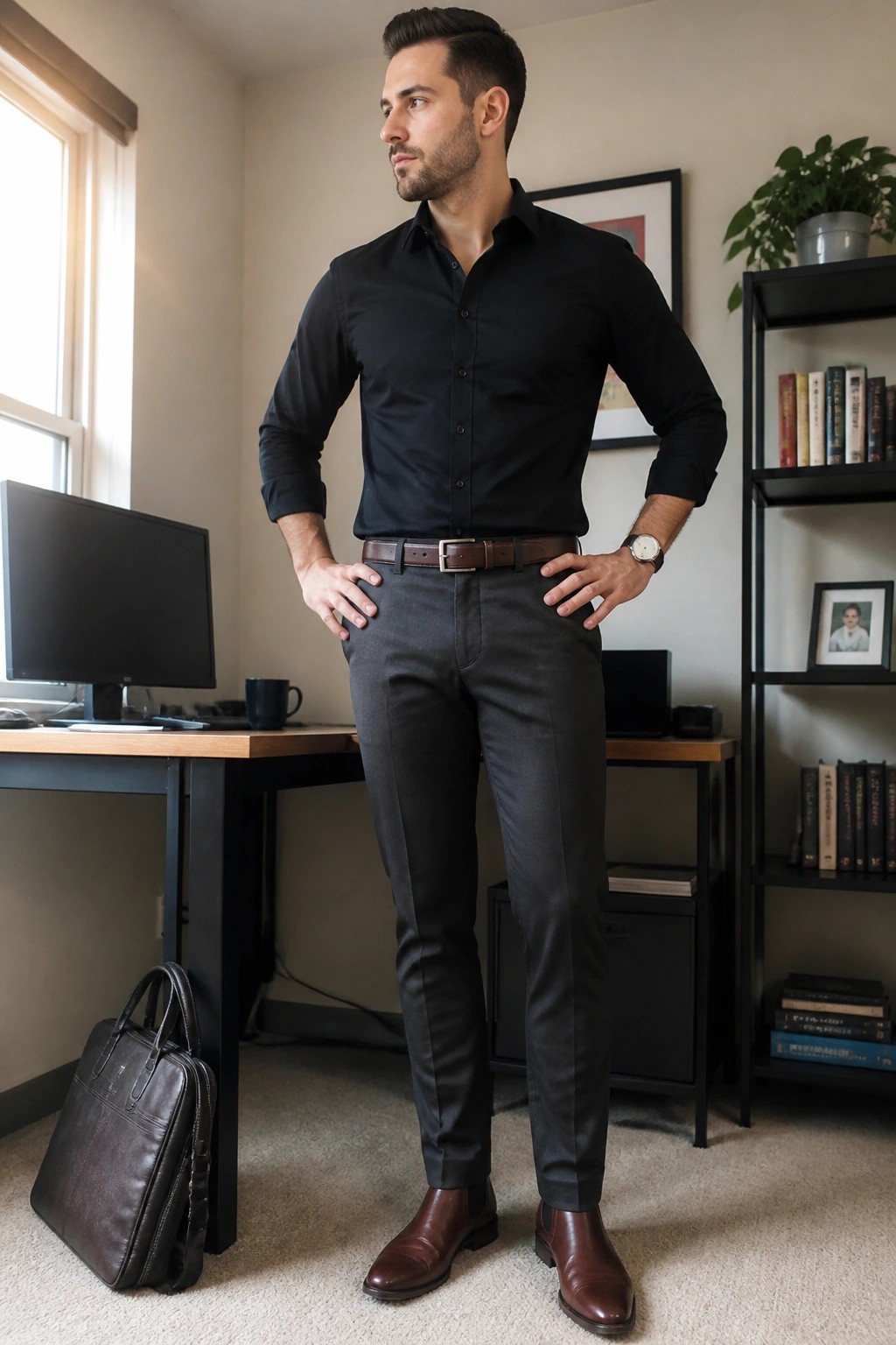 Man in black shirt and gray pants standing in modern office with hands on hips