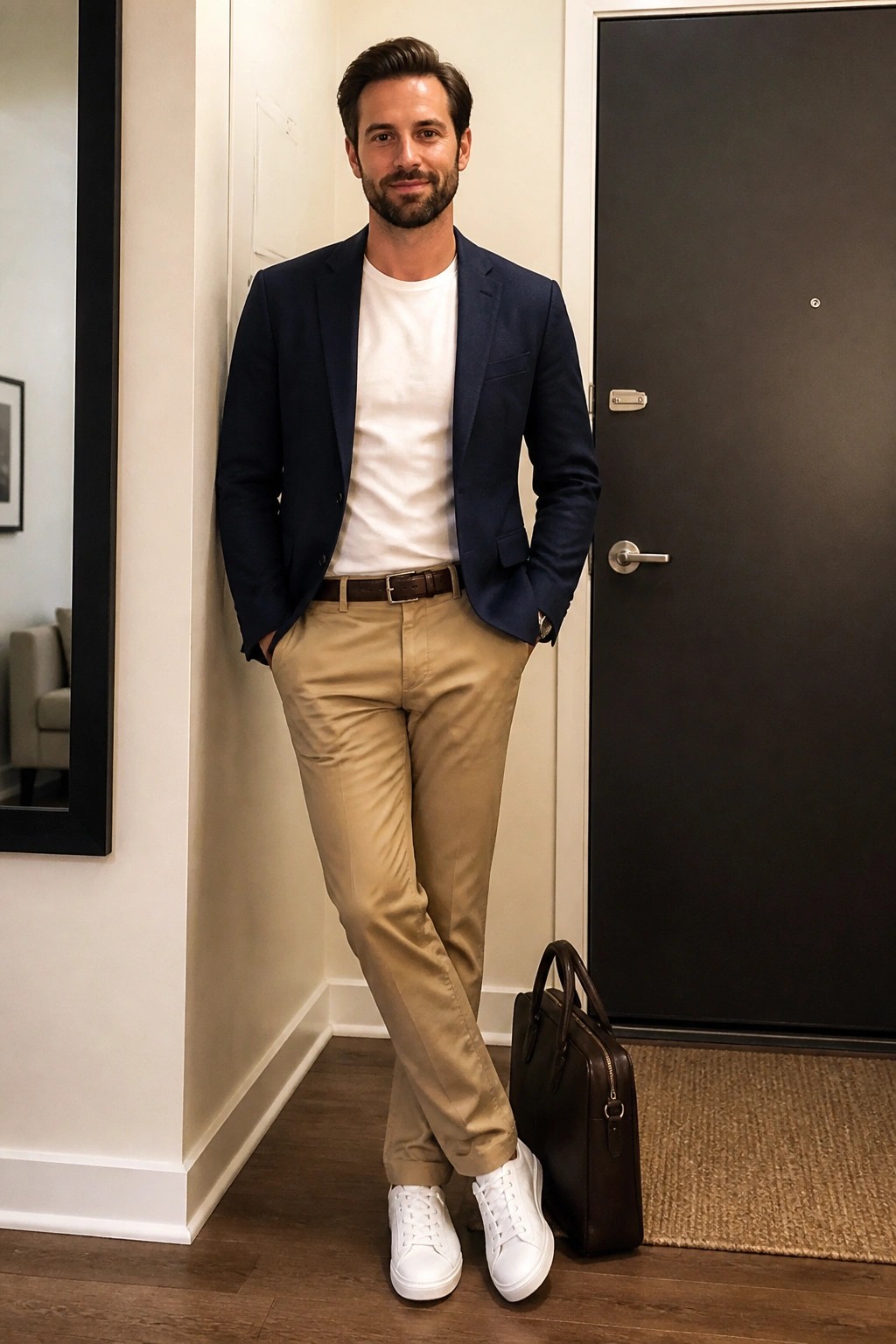 Man in navy blazer and khakis standing beside brown leather bag by door
